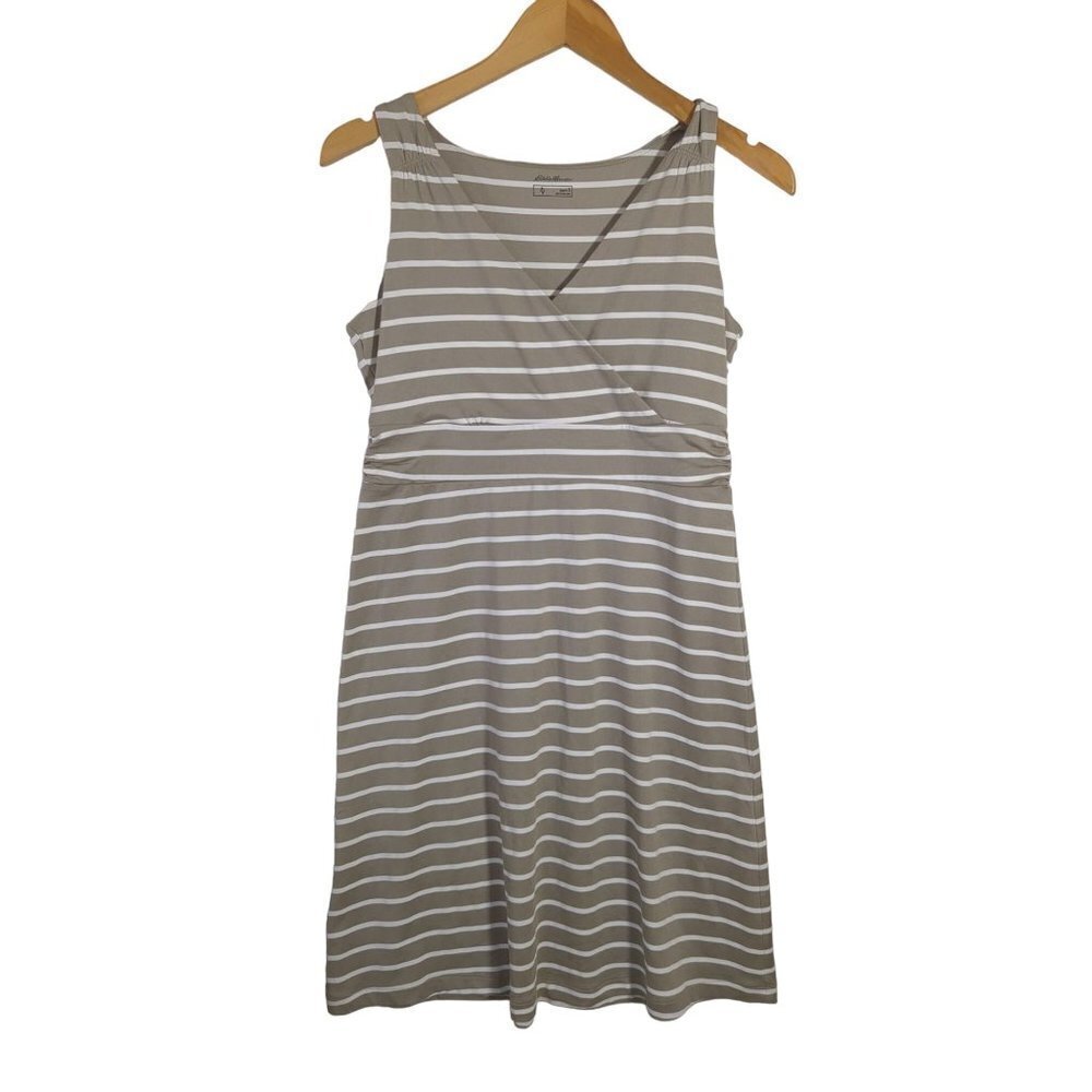 Eddie Bauer Tank Dress Womens S Taupe White Stripe Sleeveless‎ V-Neck Above Knee